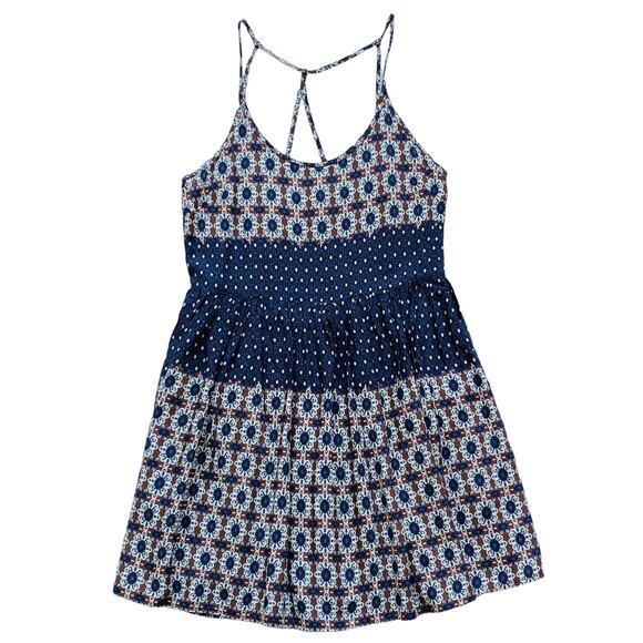 ENTRO Multicolor‎ Sundress Sz Small Strappy Lined Mixed Print Blue Brown Rayon - Picture 1 of 10